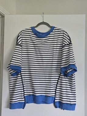 Black and White Striped Short Sleeve Tee with Blue Trim Trendy Shein Oversized